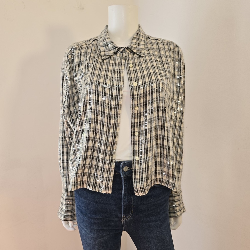 Velvet by Graham & Spencer Sequins Button Front Shirt Jacket Plaid Size L Crop